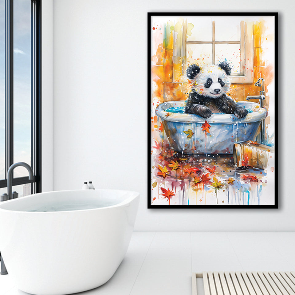 Baby Panda In Bathtub Bathroom Decor Print Tropical Leave Framed Art Print Wall Decor, Bathroom Framed Art Decor