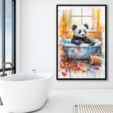 Baby Panda In Bathtub Bathroom Decor Print Tropical Leave Framed Art Print Wall Decor, Bathroom Framed Art Decor