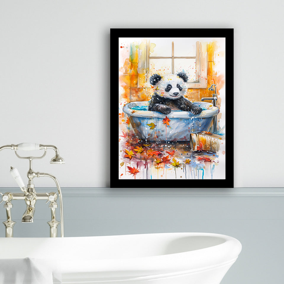 Baby Panda In Bathtub Bathroom Decor Print Tropical Leave Framed Art Print Wall Decor, Bathroom Framed Art Decor