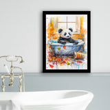 Baby Panda In Bathtub Bathroom Decor Print Tropical Leave Framed Art Print Wall Decor, Bathroom Framed Art Decor