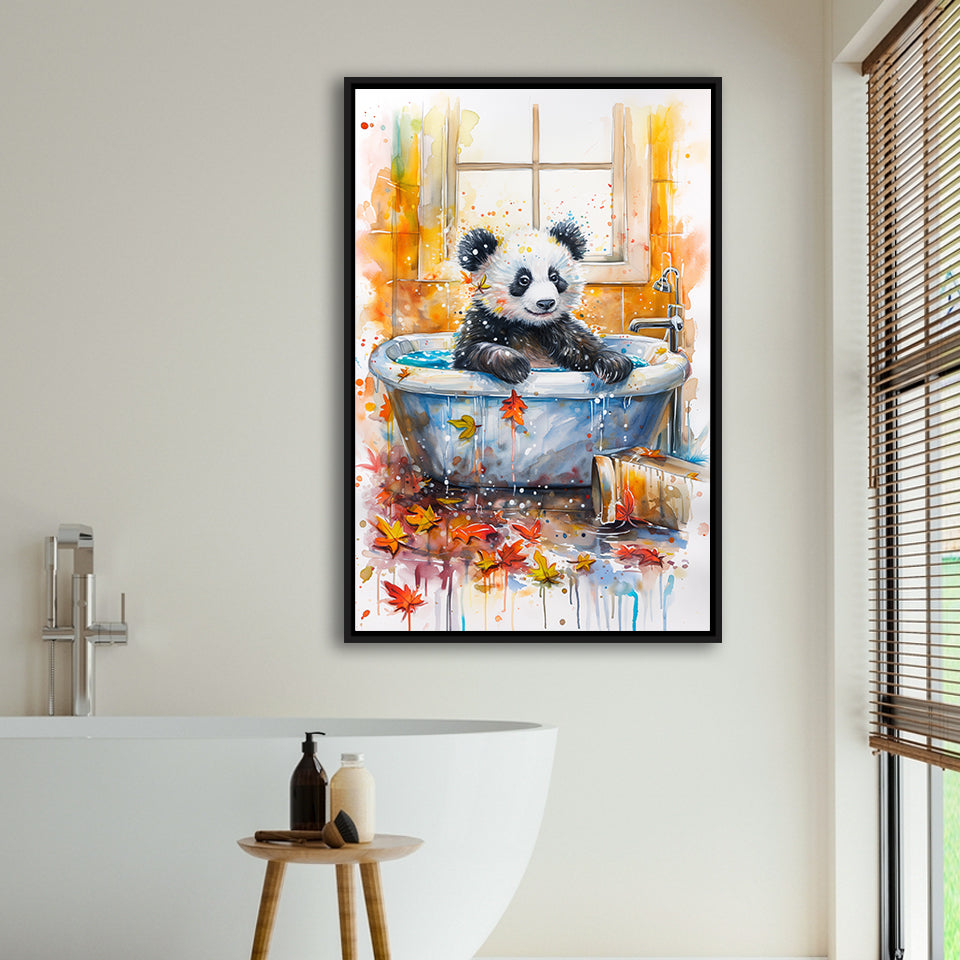 Baby Panda In Bathtub Bathroom Decor Print Tropical Leave Framed Canvas Prints Wall Art, Bathroom Framed Art Decor
