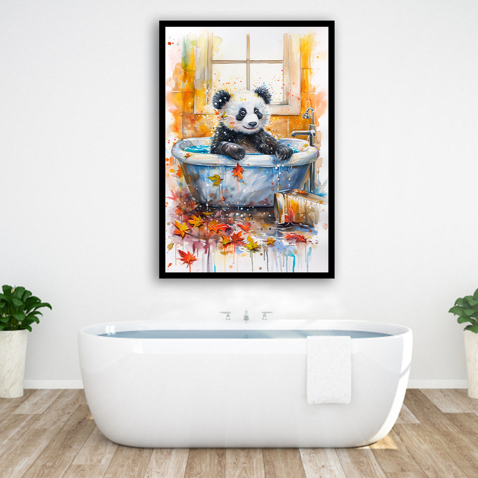 Baby Panda In Bathtub Bathroom Decor Print Tropical Leave Framed Art Print Wall Decor, Bathroom Framed Art Decor