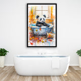 Baby Panda In Bathtub Bathroom Decor Print Tropical Leave Framed Art Print Wall Decor, Bathroom Framed Art Decor