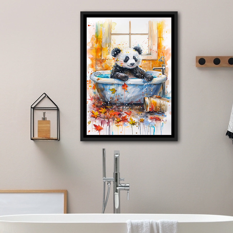 Baby Panda In Bathtub Bathroom Decor Print Tropical Leave Framed Canvas Prints Wall Art, Bathroom Framed Art Decor