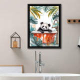 Baby Panda In Bathtub Bathroom Decor Print Tropical Leave V1 Framed Canvas Prints Wall Art, Bathroom Framed Art Decor