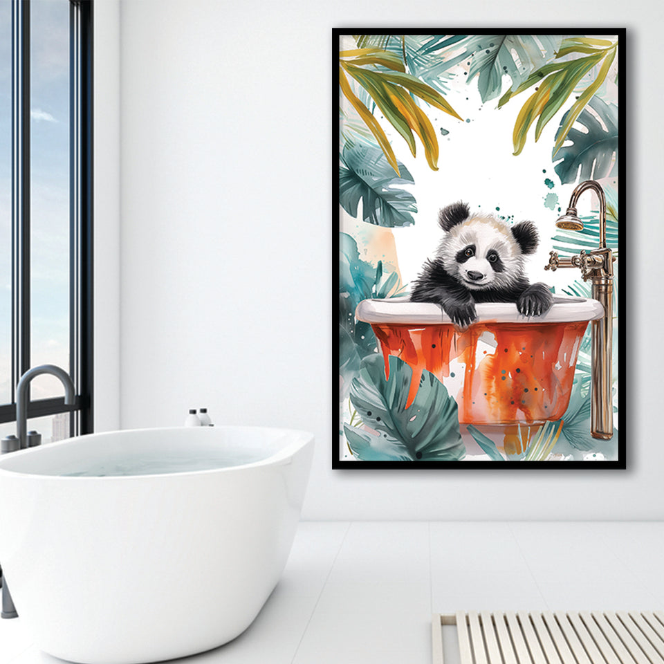 Baby Panda In Bathtub Bathroom Decor Print Tropical Leave V1 Framed Art Print Wall Decor, Bathroom Framed Art Decor