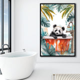 Baby Panda In Bathtub Bathroom Decor Print Tropical Leave V1 Framed Art Print Wall Decor, Bathroom Framed Art Decor