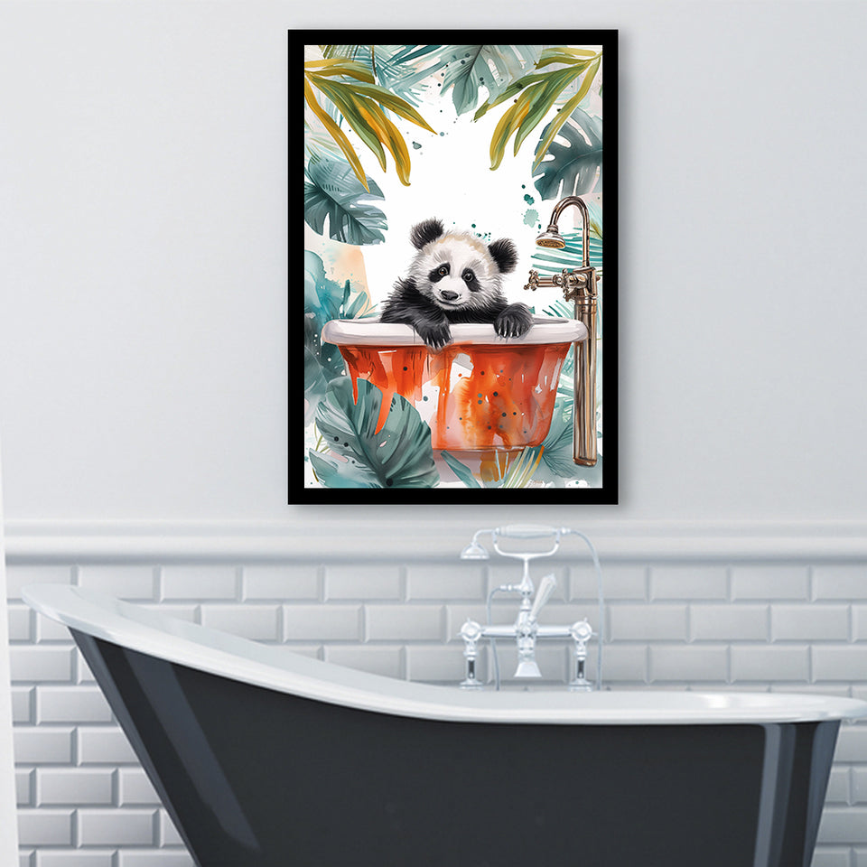 Baby Panda In Bathtub Bathroom Decor Print Tropical Leave V1 Framed Art Print Wall Decor, Bathroom Framed Art Decor