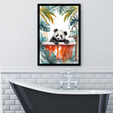 Baby Panda In Bathtub Bathroom Decor Print Tropical Leave V1 Framed Art Print Wall Decor, Bathroom Framed Art Decor