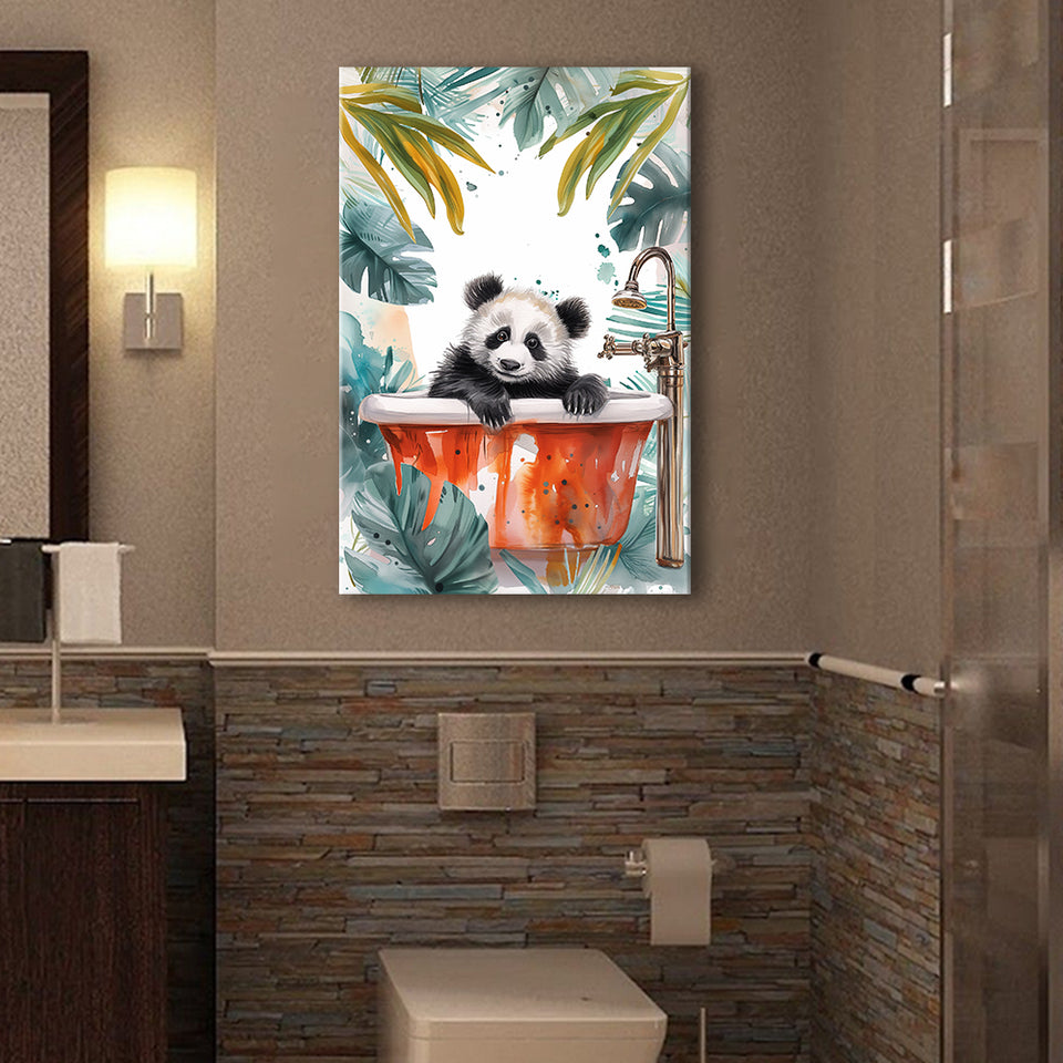 Baby Panda In Bathtub Bathroom Decor Print Tropical Leave V1 Canvas Prints Wall Art, Bathroom Art Decor,