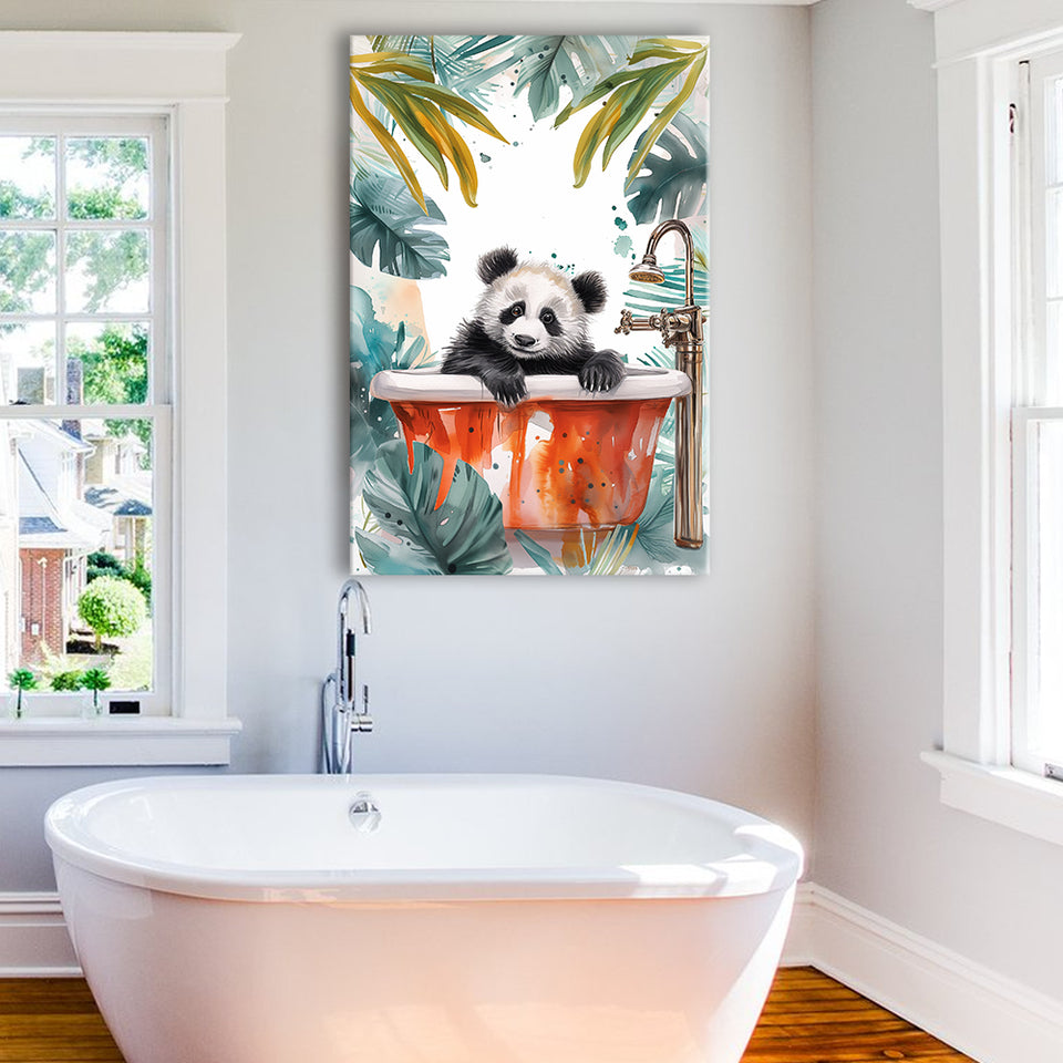 Baby Panda In Bathtub Bathroom Decor Print Tropical Leave V1 Canvas Prints Wall Art, Bathroom Art Decor,