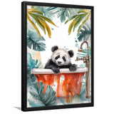 Baby Panda In Bathtub Bathroom Decor Print Tropical Leave V1 Framed Art Print Wall Decor, Bathroom Framed Art Decor