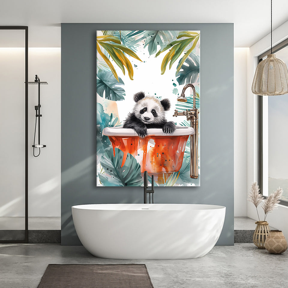 Baby Panda In Bathtub Bathroom Decor Print Tropical Leave V1 Canvas Prints Wall Art, Bathroom Art Decor,