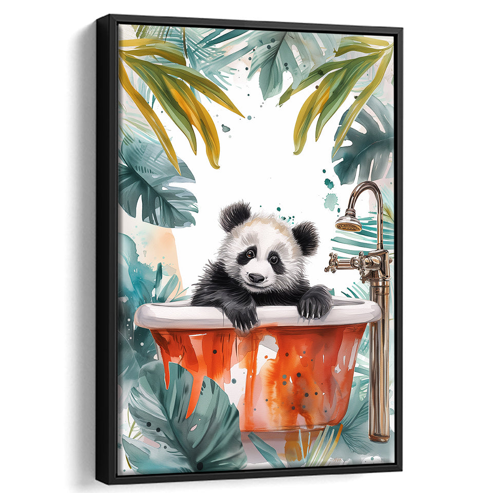 Baby Panda In Bathtub Bathroom Decor Print Tropical Leave V1 Framed Canvas Prints Wall Art, Bathroom Framed Art Decor