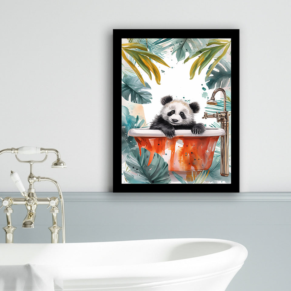 Baby Panda In Bathtub Bathroom Decor Print Tropical Leave V1 Framed Art Print Wall Decor, Bathroom Framed Art Decor