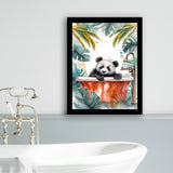 Baby Panda In Bathtub Bathroom Decor Print Tropical Leave V1 Framed Art Print Wall Decor, Bathroom Framed Art Decor