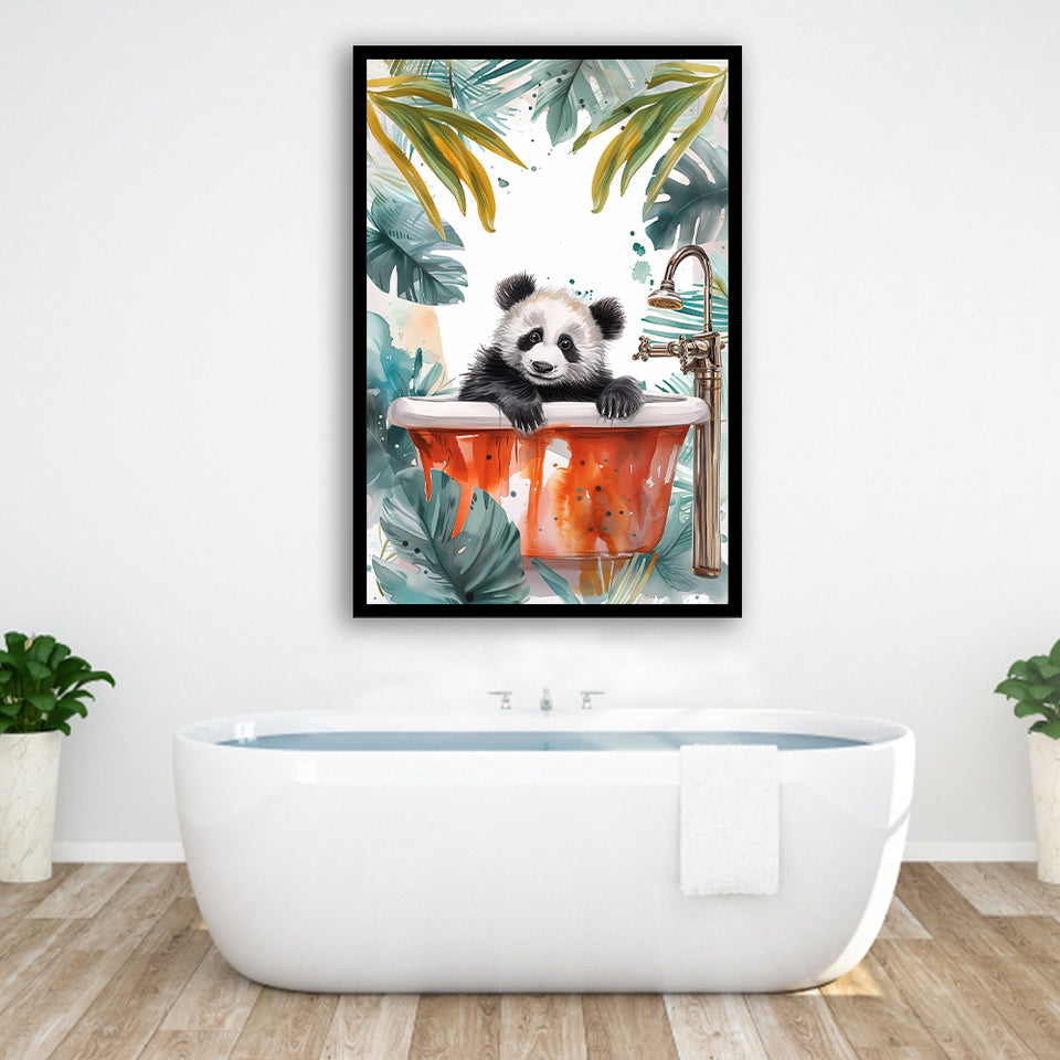 Baby Panda In Bathtub Bathroom Decor Print Tropical Leave V1 Framed Art Print Wall Decor, Bathroom Framed Art Decor