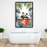 Baby Panda In Bathtub Bathroom Decor Print Tropical Leave V1 Framed Art Print Wall Decor, Bathroom Framed Art Decor