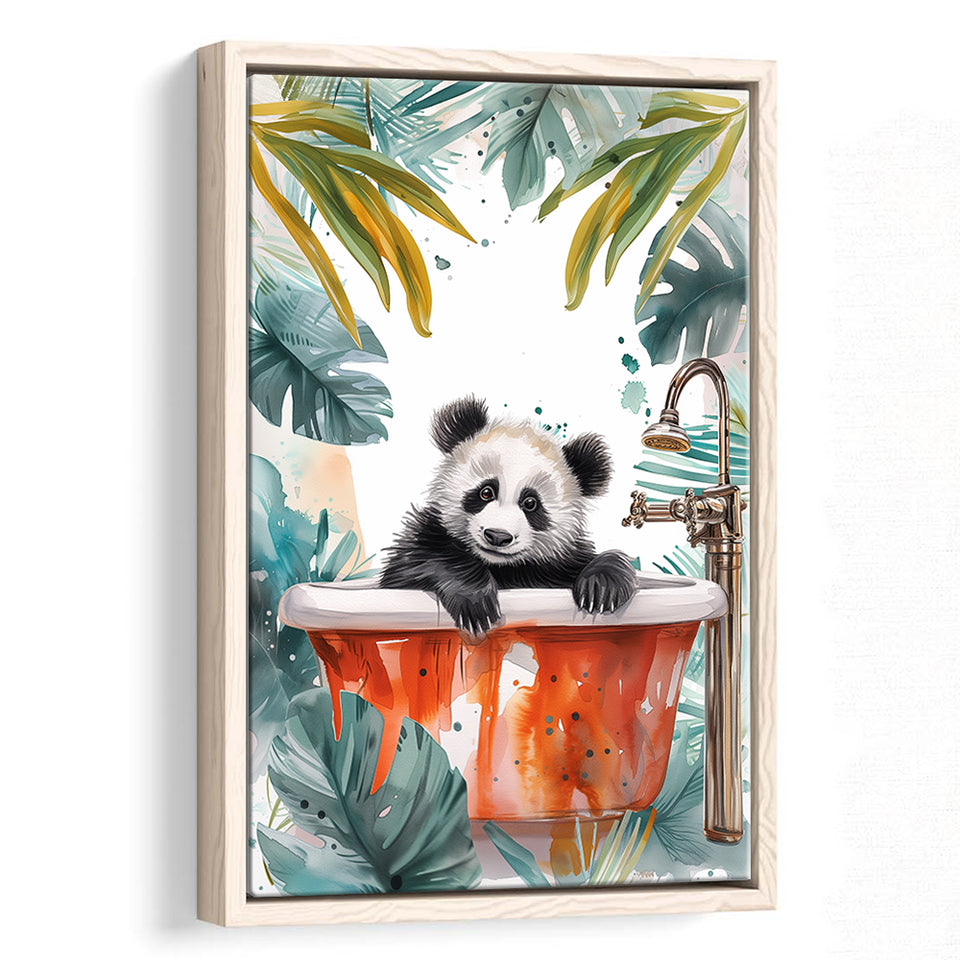 Baby Panda In Bathtub Bathroom Decor Print Tropical Leave V1 Framed Canvas Prints Wall Art, Bathroom Framed Art Decor