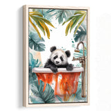 Baby Panda In Bathtub Bathroom Decor Print Tropical Leave V1 Framed Canvas Prints Wall Art, Bathroom Framed Art Decor