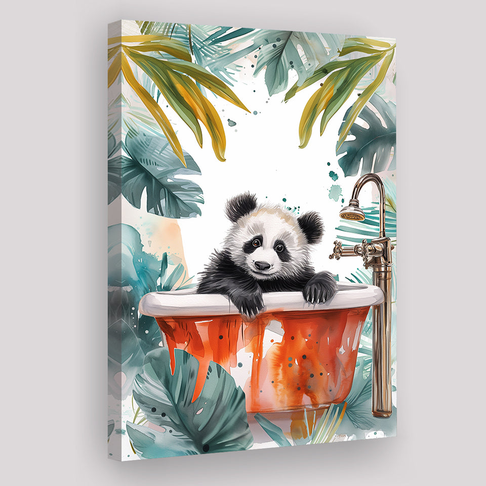Baby Panda In Bathtub Bathroom Decor Print Tropical Leave V1 Canvas Prints Wall Art, Bathroom Art Decor,