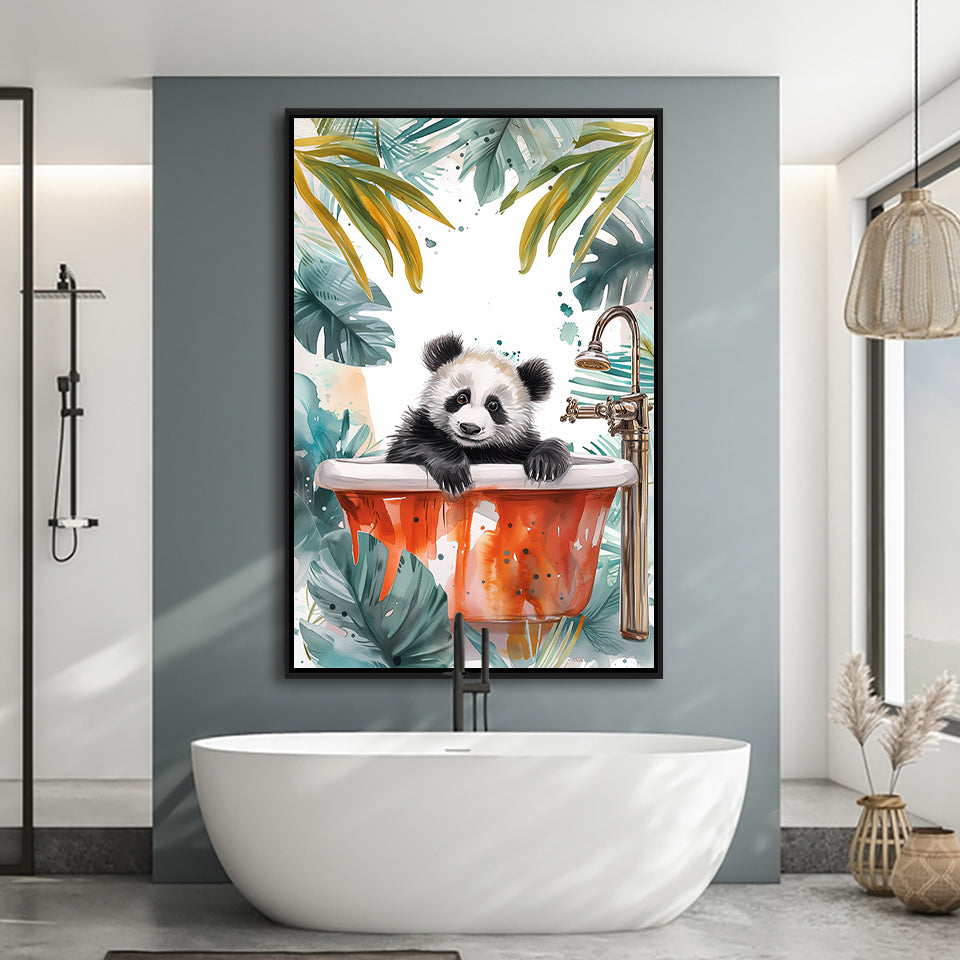 Baby Panda In Bathtub Bathroom Decor Print Tropical Leave V1 Framed Canvas Prints Wall Art, Bathroom Framed Art Decor