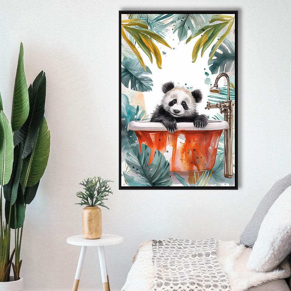 Baby Panda In Bathtub Bathroom Decor Print Tropical Leave V1 Framed Canvas Prints Wall Art, Bathroom Framed Art Decor
