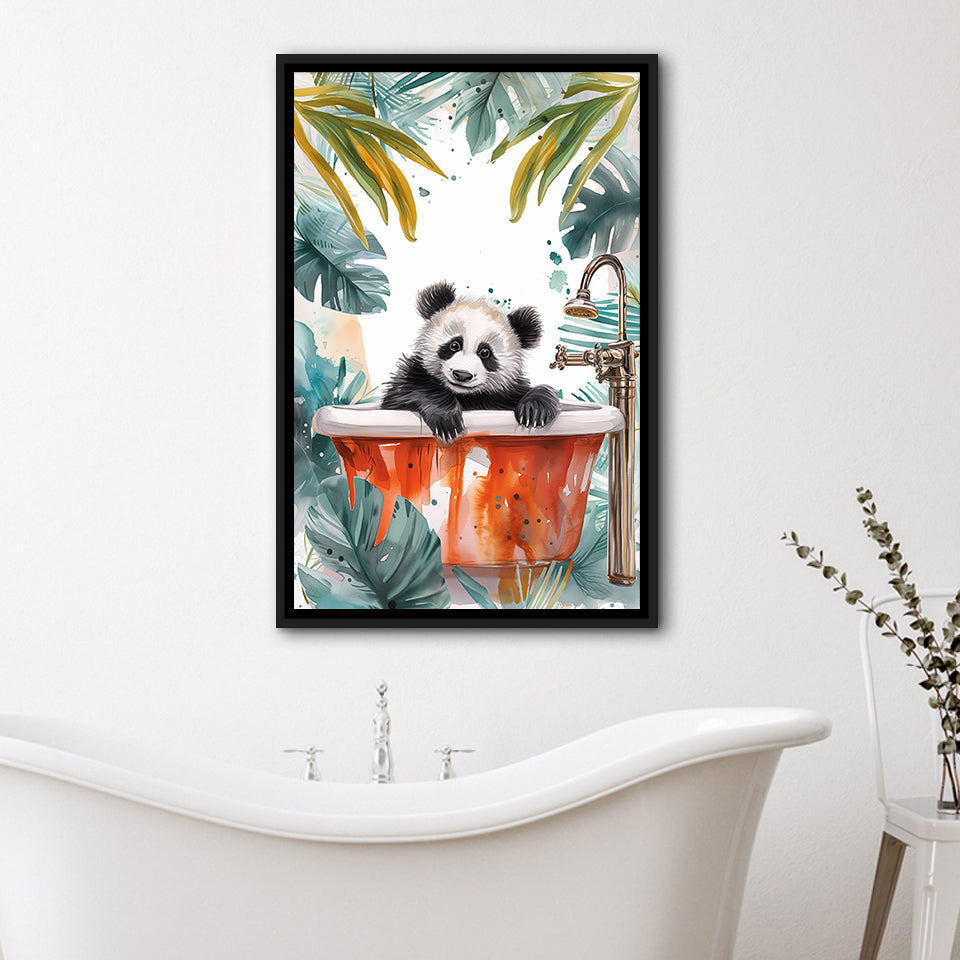 Baby Panda In Bathtub Bathroom Decor Print Tropical Leave V1 Framed Canvas Prints Wall Art, Bathroom Framed Art Decor