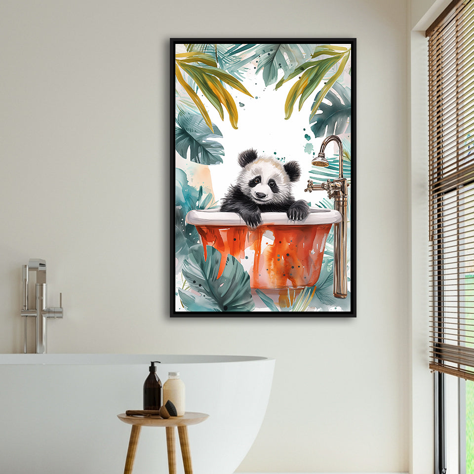 Baby Panda In Bathtub Bathroom Decor Print Tropical Leave V1 Framed Canvas Prints Wall Art, Bathroom Framed Art Decor