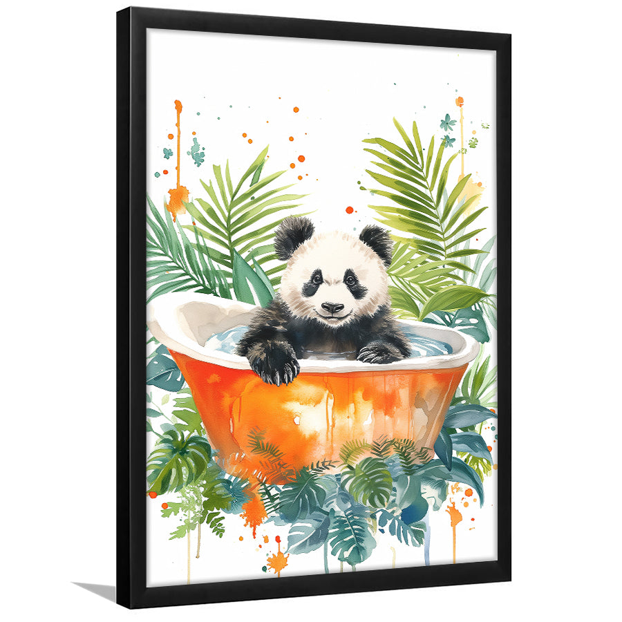 Baby Panda In Bathtub Bathroom Decor Print Tropical Leave V2 Framed Art Print Wall Decor, Bathroom Framed Art Decor