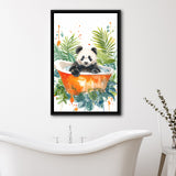 Baby Panda In Bathtub Bathroom Decor Print Tropical Leave V2 Framed Canvas Prints Wall Art, Bathroom Framed Art Decor