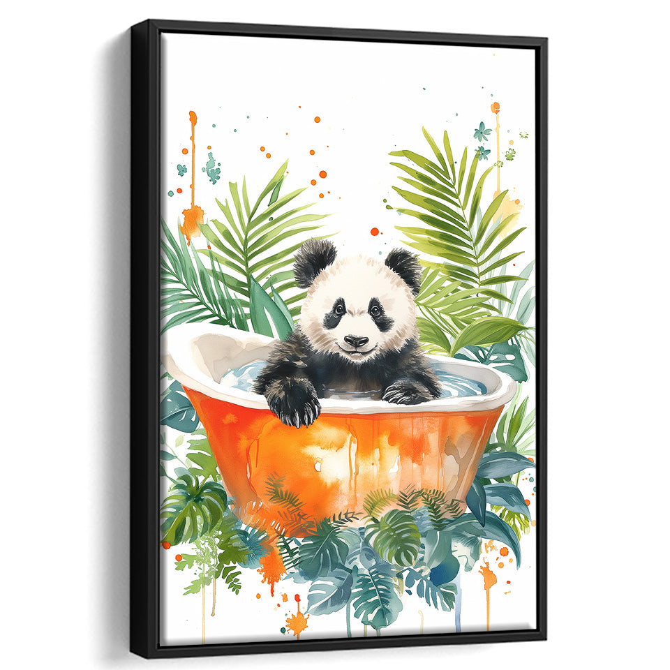 Baby Panda In Bathtub Bathroom Decor Print Tropical Leave V2 Framed Canvas Prints Wall Art, Bathroom Framed Art Decor