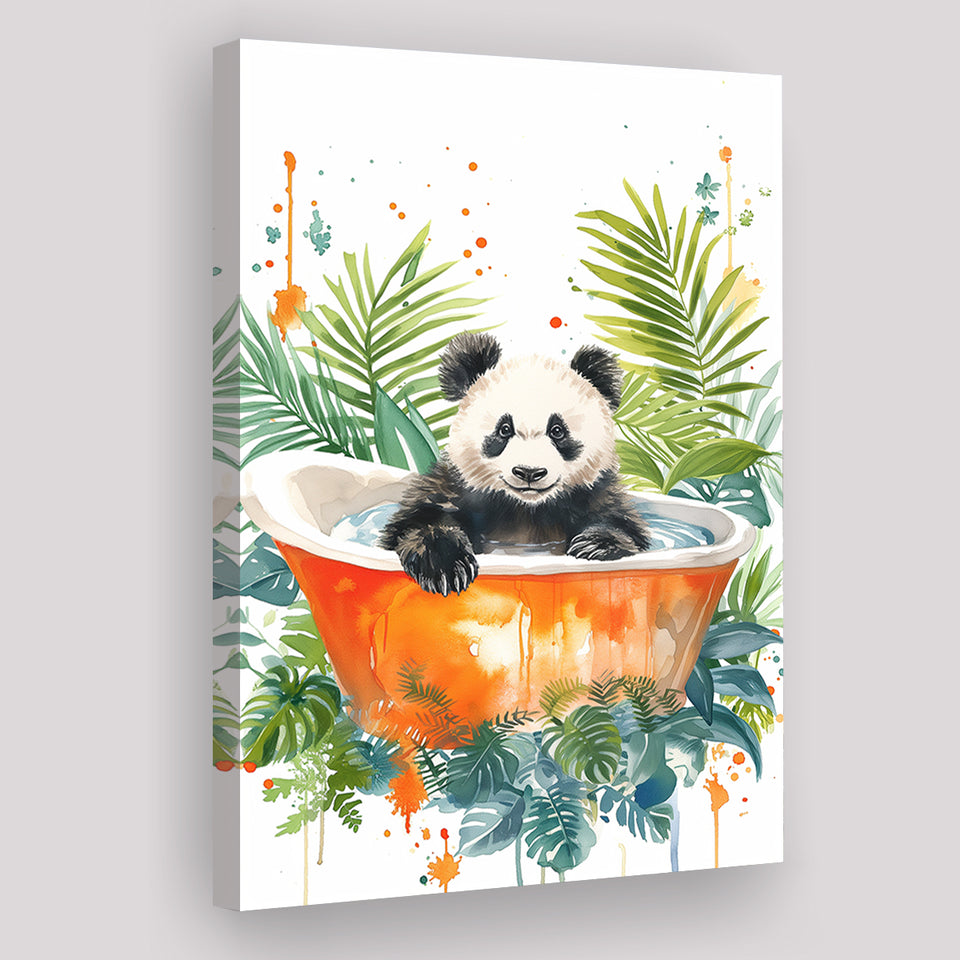 Baby Panda In Bathtub Bathroom Decor Print Tropical Leave V2 Canvas Prints Wall Art, Bathroom Art Decor,