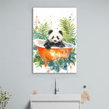 Baby Panda In Bathtub Bathroom Decor Print Tropical Leave V2 Canvas Prints Wall Art, Bathroom Art Decor,
