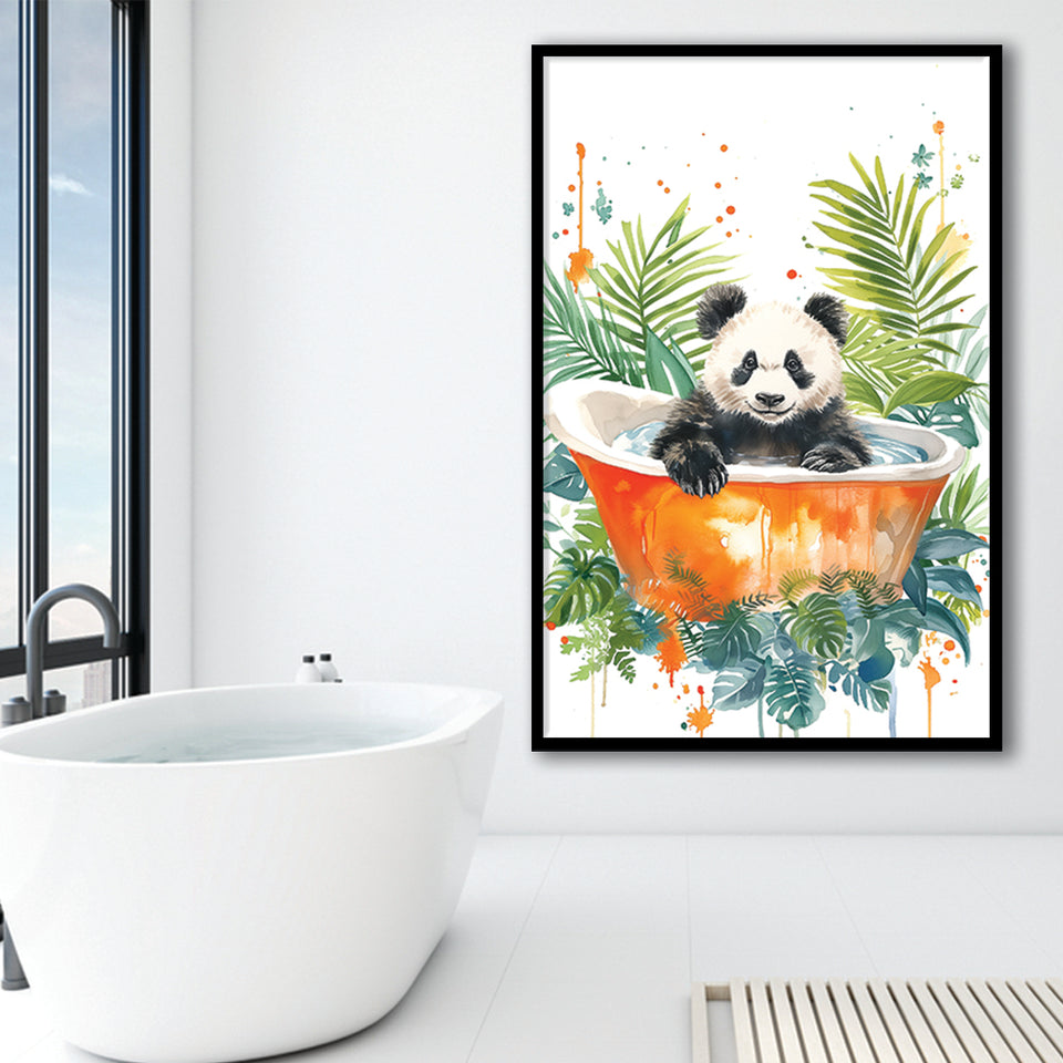 Baby Panda In Bathtub Bathroom Decor Print Tropical Leave V2 Framed Art Print Wall Decor, Bathroom Framed Art Decor