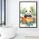 Baby Panda In Bathtub Bathroom Decor Print Tropical Leave V2 Framed Art Print Wall Decor, Bathroom Framed Art Decor