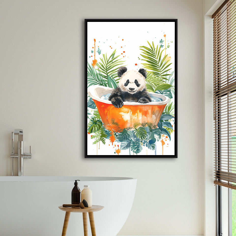 Baby Panda In Bathtub Bathroom Decor Print Tropical Leave V2 Framed Canvas Prints Wall Art, Bathroom Framed Art Decor