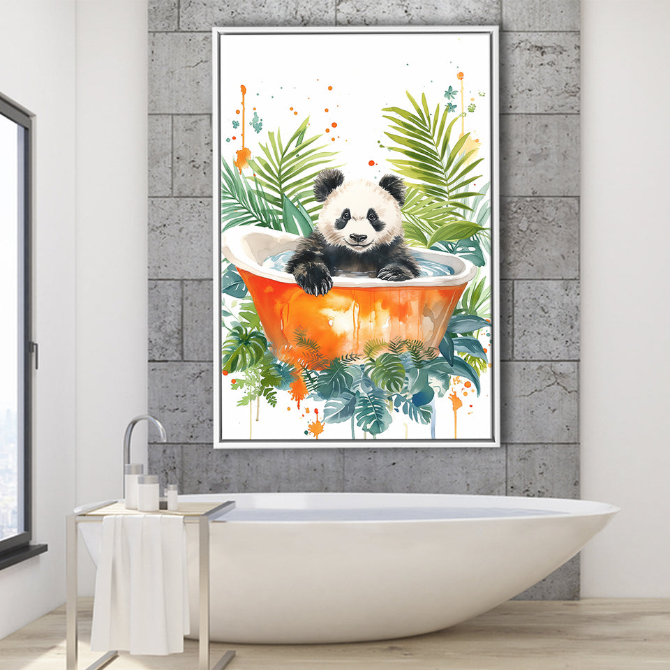 Baby Panda In Bathtub Bathroom Decor Print Tropical Leave V2 Framed Canvas Prints Wall Art, Bathroom Framed Art Decor