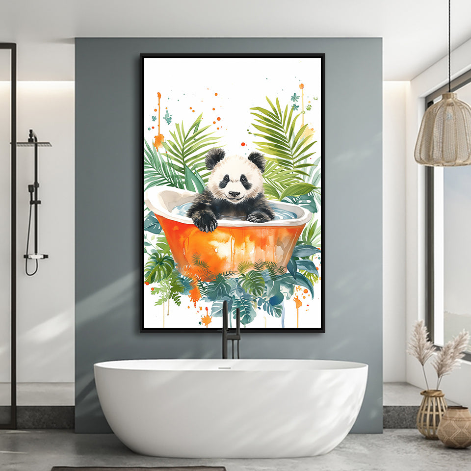Baby Panda In Bathtub Bathroom Decor Print Tropical Leave V2 Framed Canvas Prints Wall Art, Bathroom Framed Art Decor
