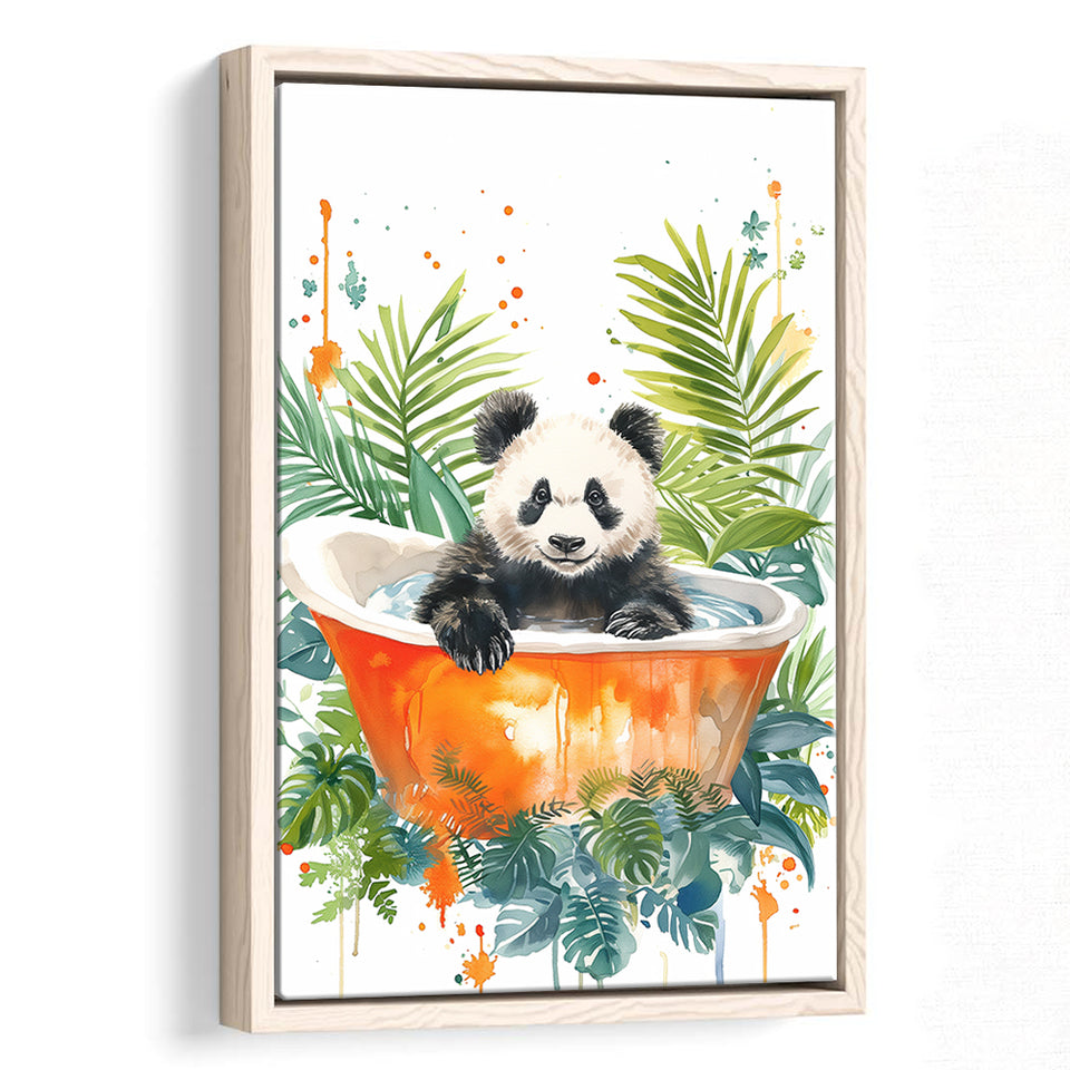 Baby Panda In Bathtub Bathroom Decor Print Tropical Leave V2 Framed Canvas Prints Wall Art, Bathroom Framed Art Decor
