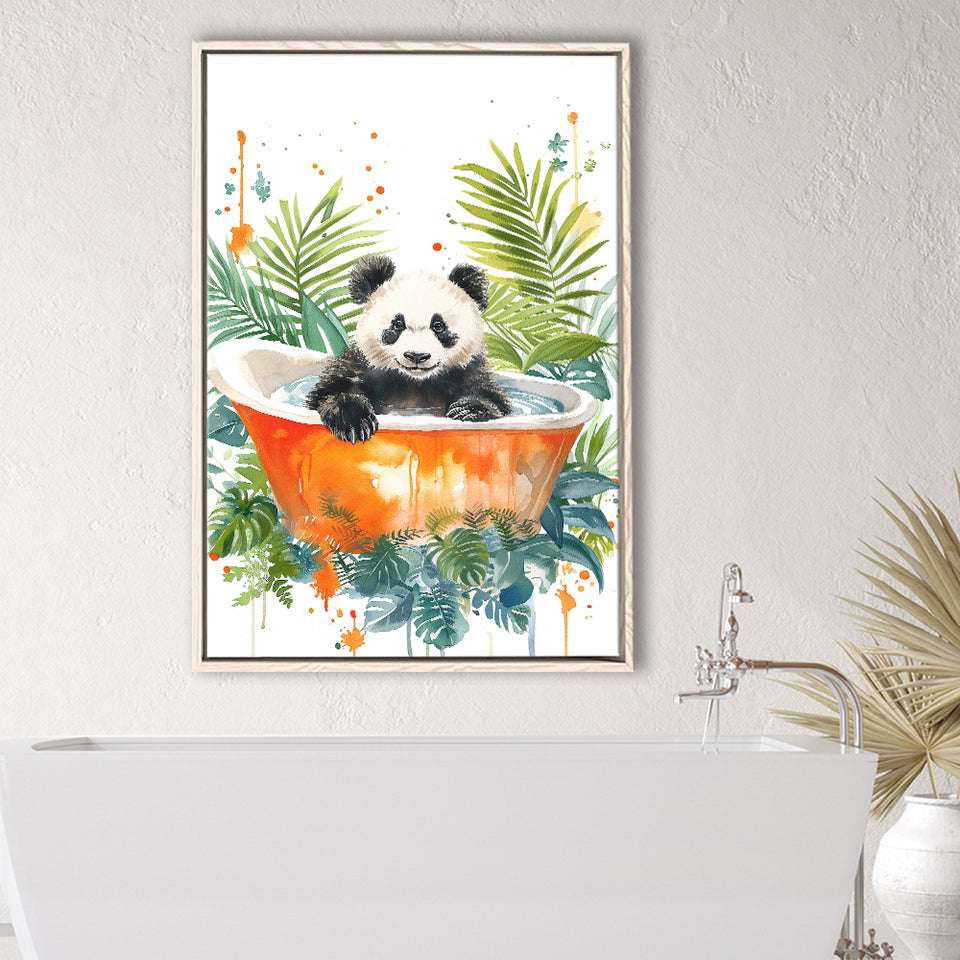 Baby Panda In Bathtub Bathroom Decor Print Tropical Leave V2 Framed Canvas Prints Wall Art, Bathroom Framed Art Decor