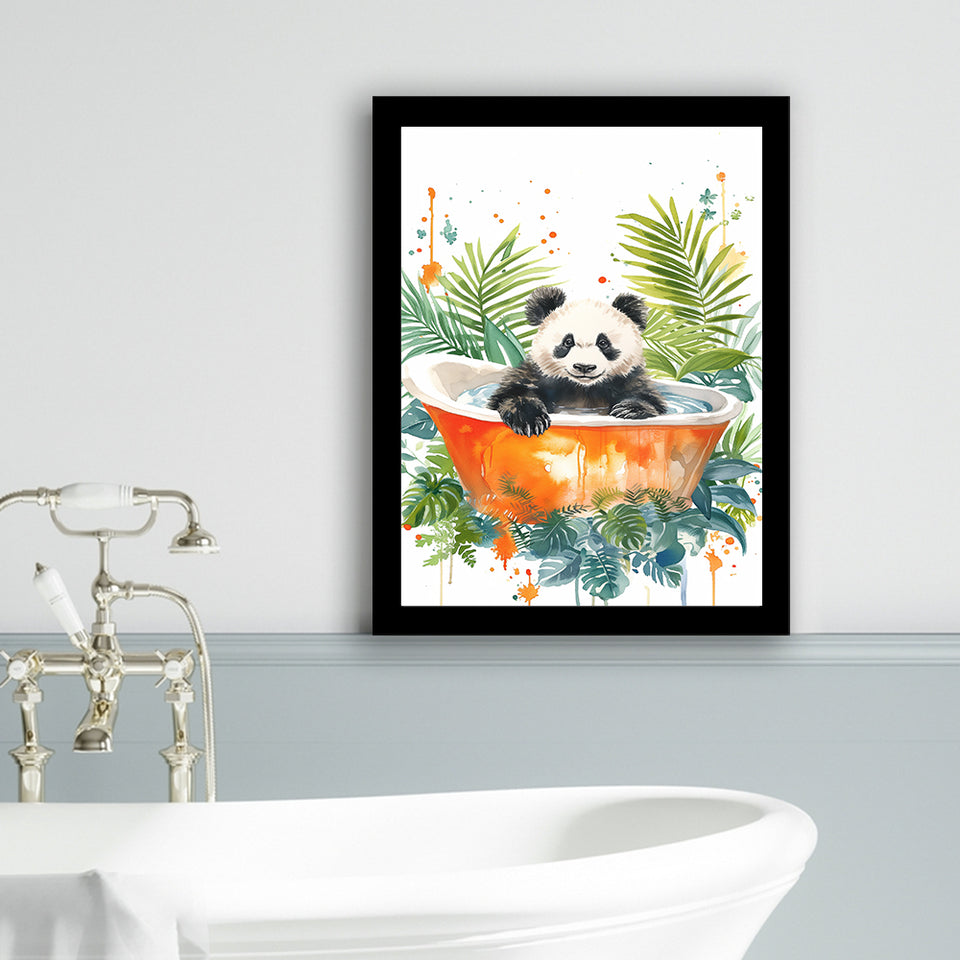 Baby Panda In Bathtub Bathroom Decor Print Tropical Leave V2 Framed Art Print Wall Decor, Bathroom Framed Art Decor