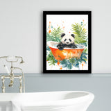 Baby Panda In Bathtub Bathroom Decor Print Tropical Leave V2 Framed Art Print Wall Decor, Bathroom Framed Art Decor