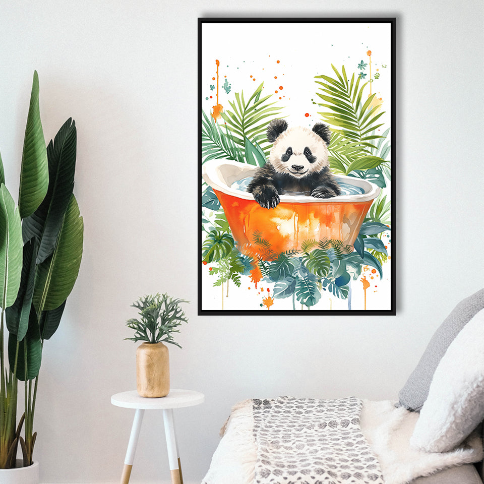 Baby Panda In Bathtub Bathroom Decor Print Tropical Leave V2 Framed Canvas Prints Wall Art, Bathroom Framed Art Decor