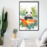 Baby Panda In Bathtub Bathroom Decor Print Tropical Leave V2 Framed Canvas Prints Wall Art, Bathroom Framed Art Decor