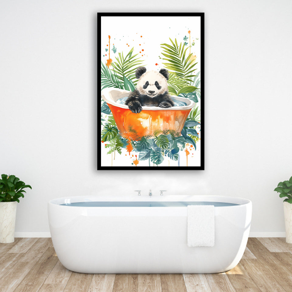 Baby Panda In Bathtub Bathroom Decor Print Tropical Leave V2 Framed Art Print Wall Decor, Bathroom Framed Art Decor