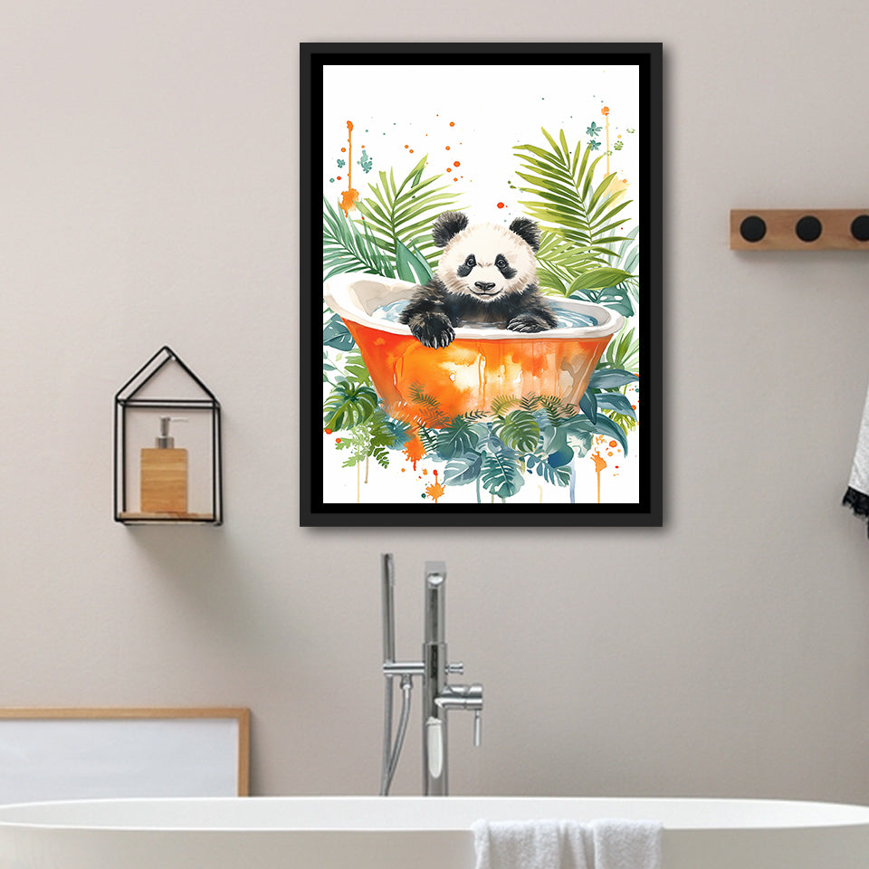 Baby Panda In Bathtub Bathroom Decor Print Tropical Leave V2 Framed Canvas Prints Wall Art, Bathroom Framed Art Decor
