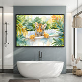 Baby Tiger In Bathtub Bathroom Print Tropical Leave, Bathroom Art Decor Framed Canvas Prints Wall Art,Floating Frame