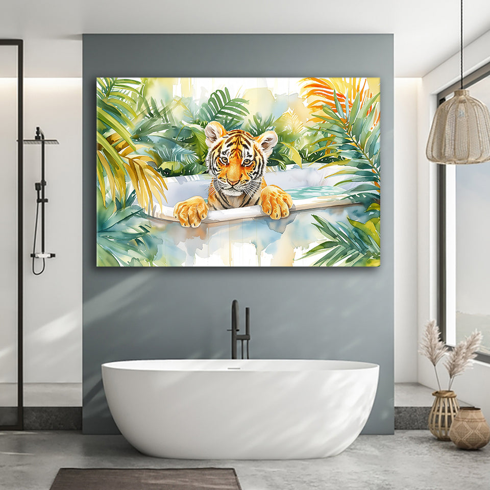 Baby Tiger In Bathtub Bathroom Print Tropical Leave, Bathroom Art Decor Canvas Prints Wall Art, Animal Bathroom Art