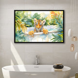 Baby Tiger In Bathtub Bathroom Print Tropical Leave, Bathroom Art Decor Framed Canvas Prints Wall Art,Floating Frame